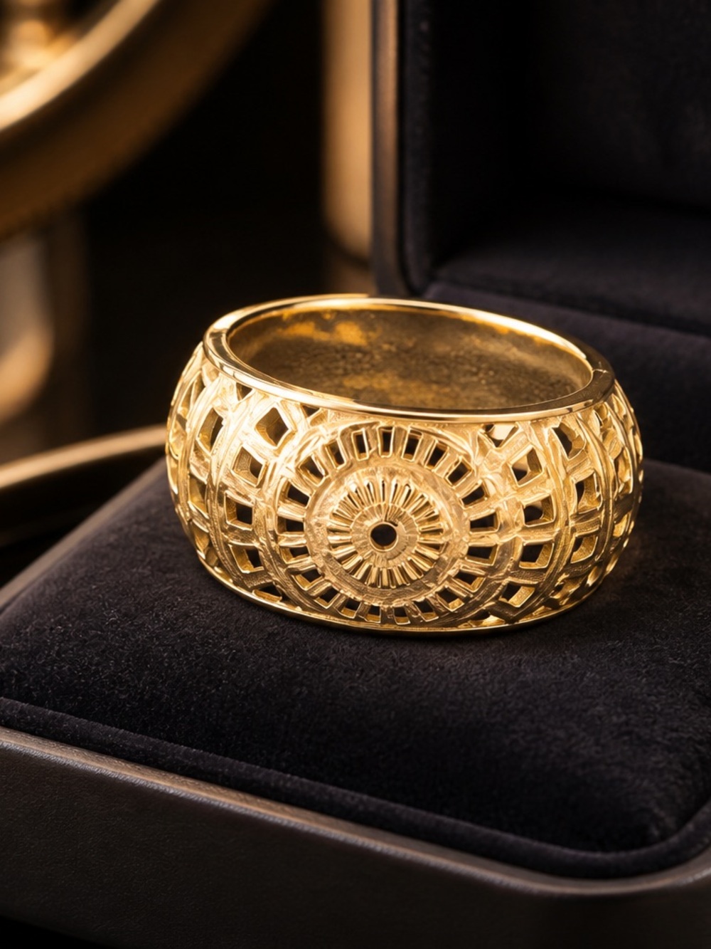 Vintage Gold Tone Filigree Cuff Bracelet Sunburst Lattice Design
